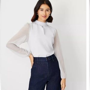 Ann Taylor - Metallic Sleeve Mixed Media Keyhole Mock Neck Top
